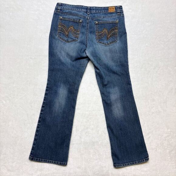 LEI Low Rise Bootcut Jeans Womens Y2K Stretch Denim Embroidered Pockets 13 SHORT - Picture 2 of 13